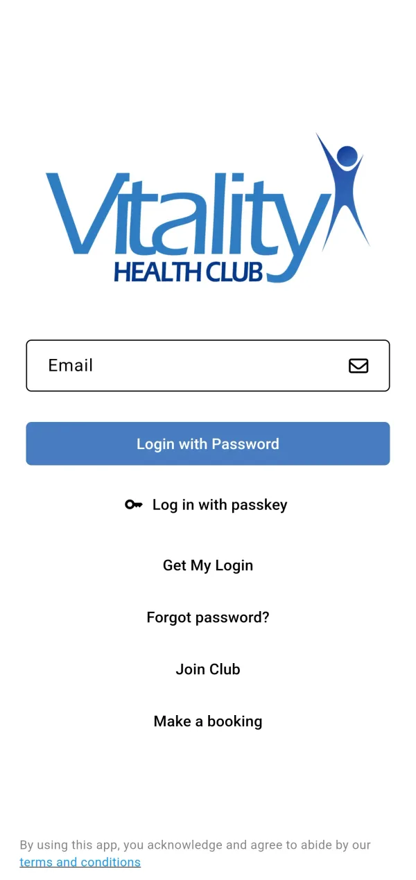 The Vitality Health Club app login screen, asking for an email address and password
