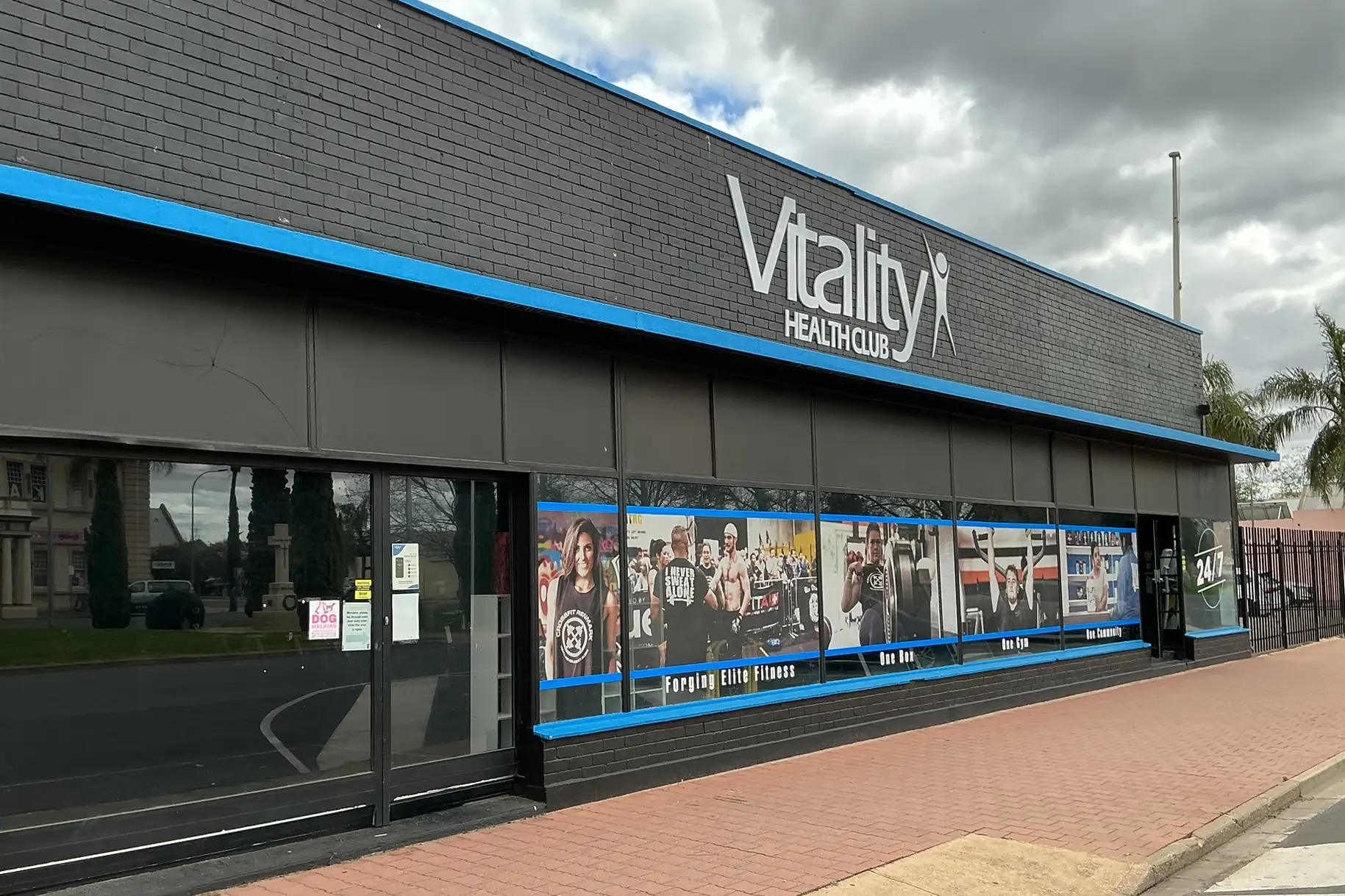 Vitality Health Club Renmark from Ral Ral Ave, with the club name across the black brick frontage and the 24/7 entrance at the right