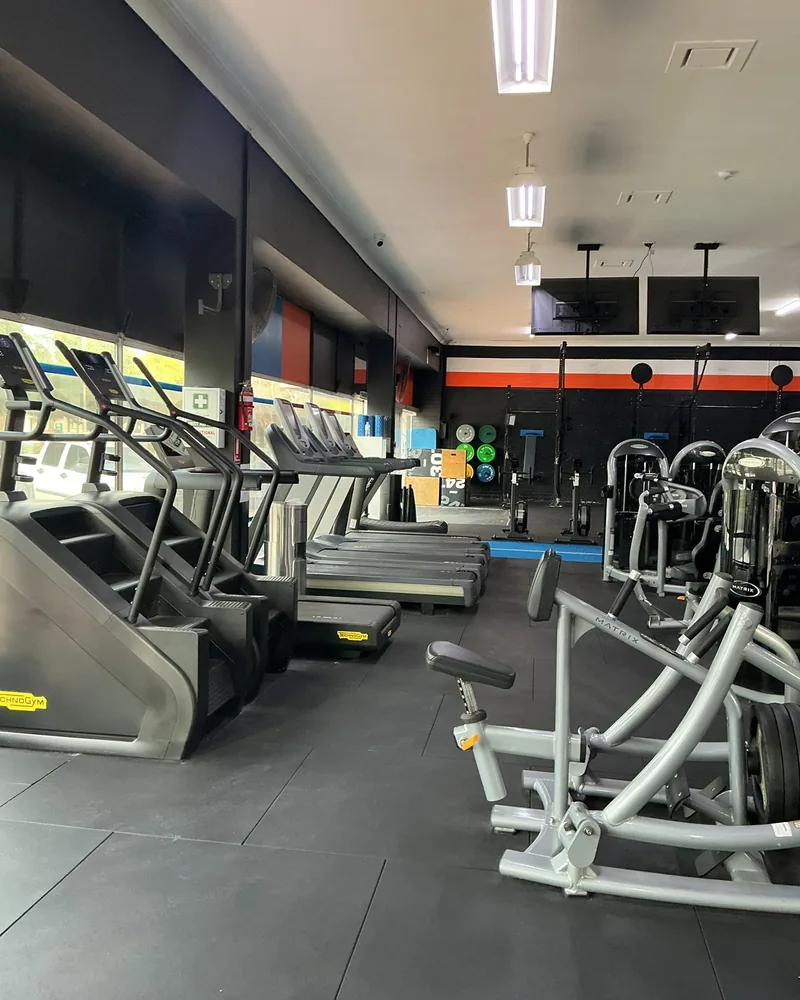Stair climbers and treadmills along the window at Renmark, with the rig and weights area behind