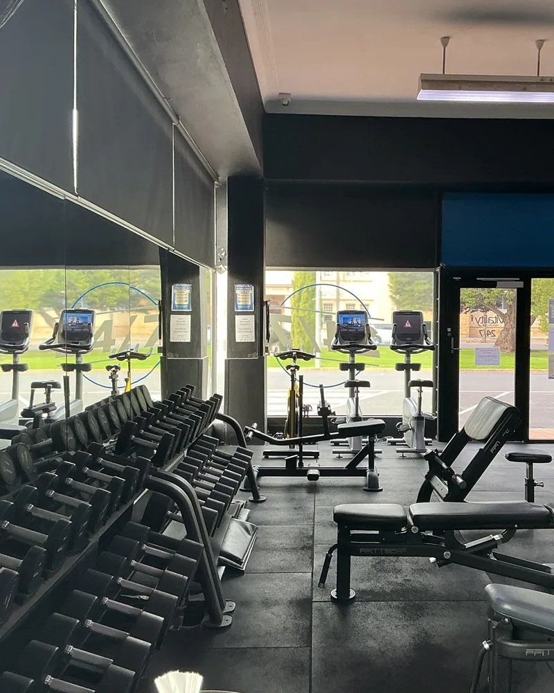 The dumbbell rack and adjustable benches at Renmark, with the street visible through the front glass