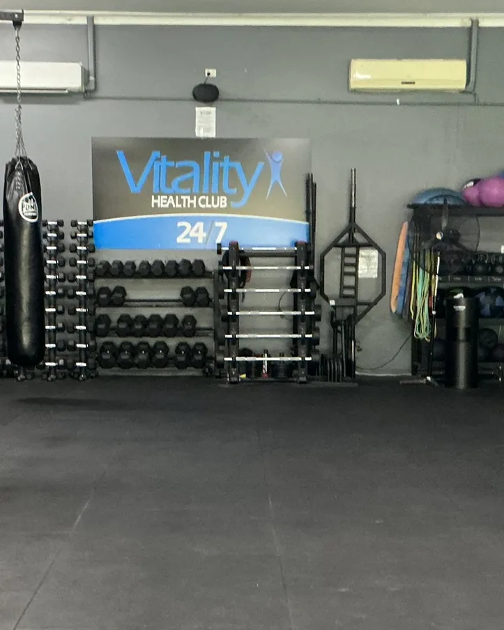 The functional area at Renmark: a rig with rings, a punching bag, kettlebells, medicine balls and rowers on open floor